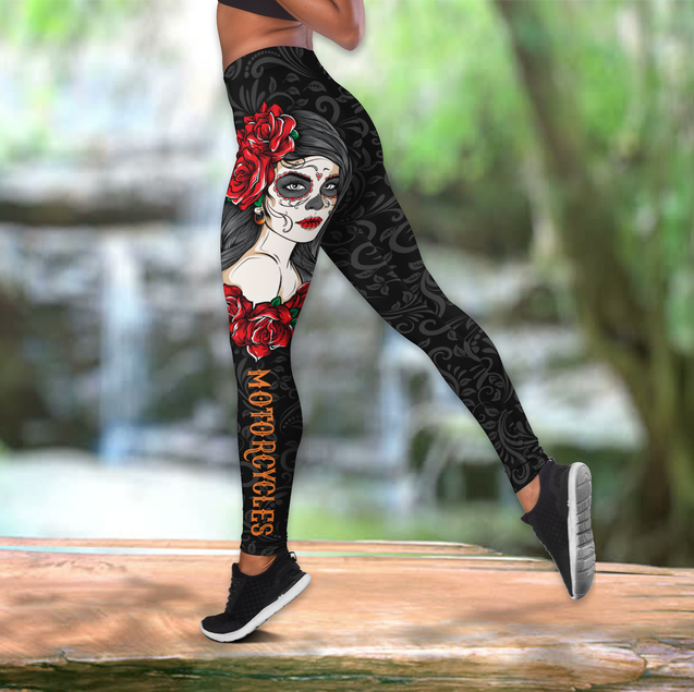 Skull Girl Biker Legging + hollow tank combo outfit