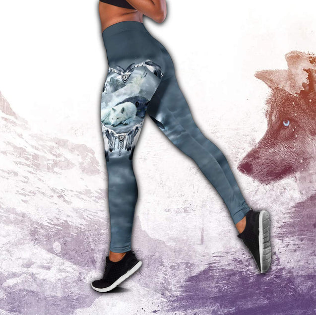 Wolf Native American 3D All Over Printed Legging + Hollow Tank