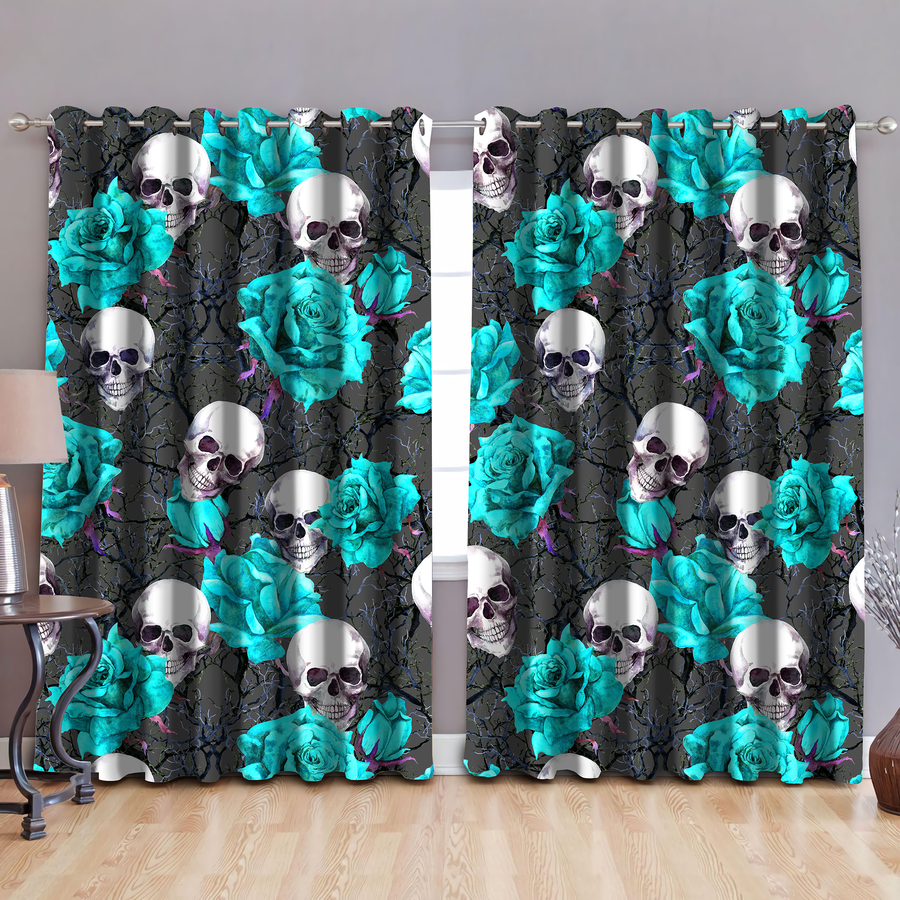Turquoise Rose Skull Bedding ML-Curtains-ML-52'' x 63''-Vibe Cosy™