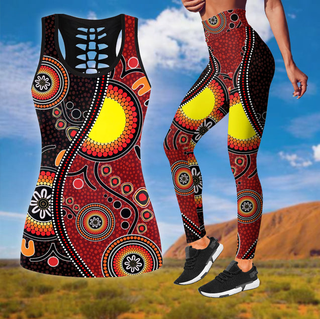 Aboriginal Australia Flag Dot Painting Art Legging + Hollow Tank Combo