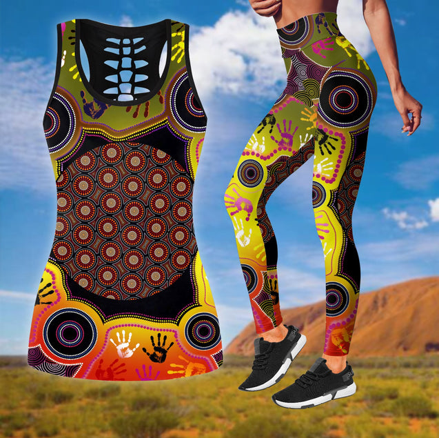 Aboriginal Indigenous Circle Dot Painting Hand Art  Legging + Hollow Tank Combo