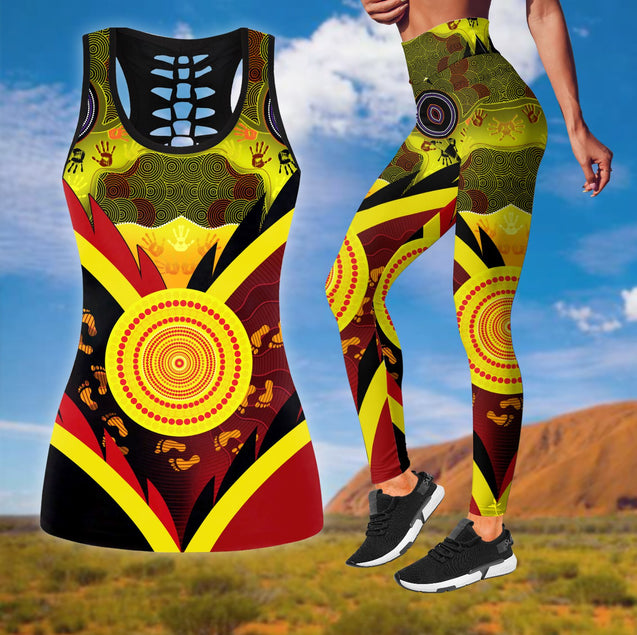 Aboriginal Indigenous Flag With Footprint Hand Art Legging + Hollow Tank Combo