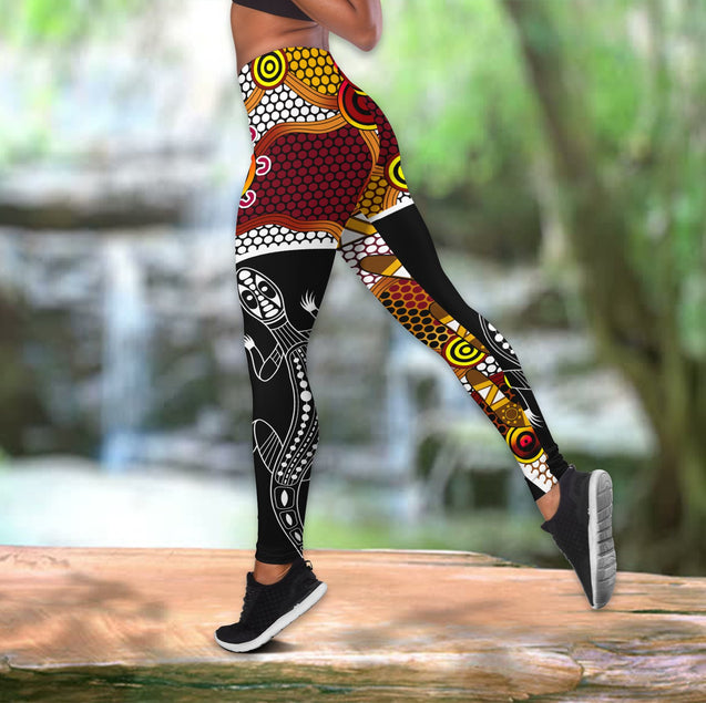 Aboriginal Lizard Dot Painting Boomerang Patterns Legging + Hollow Tank Combo