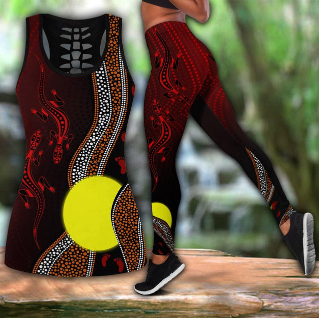 Aboriginal Flag Lizard Dot Painting Style Legging + Hollow Tank Combo