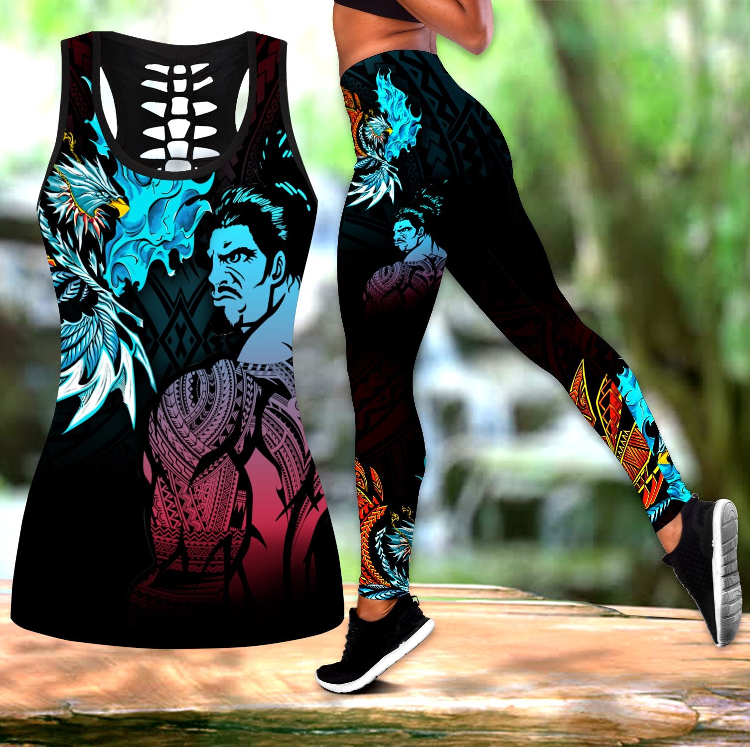 Amazing Polynesian Warrior 3D Tattoo Legging & Tank top ML