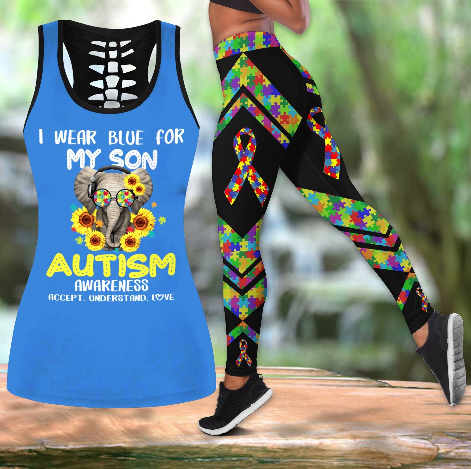 Autism I wear blue for my son legging + hollow tank combo HAC240401-Apparel-HG-S-S-Vibe Cosy™