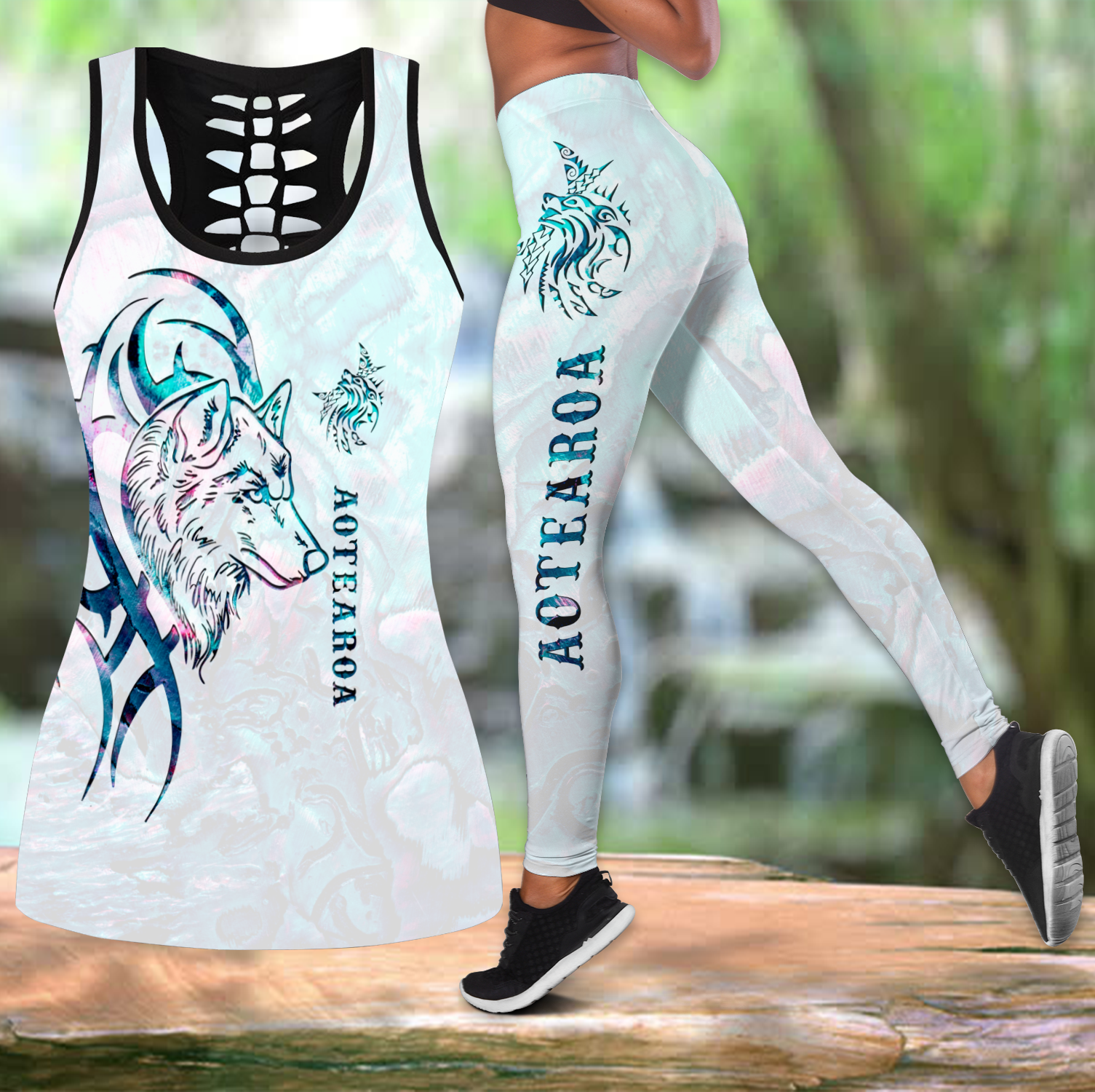 Combo Paua shell wolf tattoo tank top & leggings outfit for women-Apparel-PL8386-S-S-Vibe Cosy™