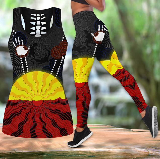 Aboriginal Australia Indigenous Flag Sun Dot Painting Legging + Hollow Tank Combo