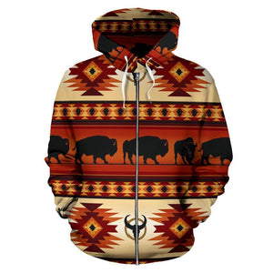 3D Native American Tribal Pattern Bison Brown Zipper Hoodie NVD1304-Apparel-Dung Van-Zipped Hoodie-S-Vibe Cosy™