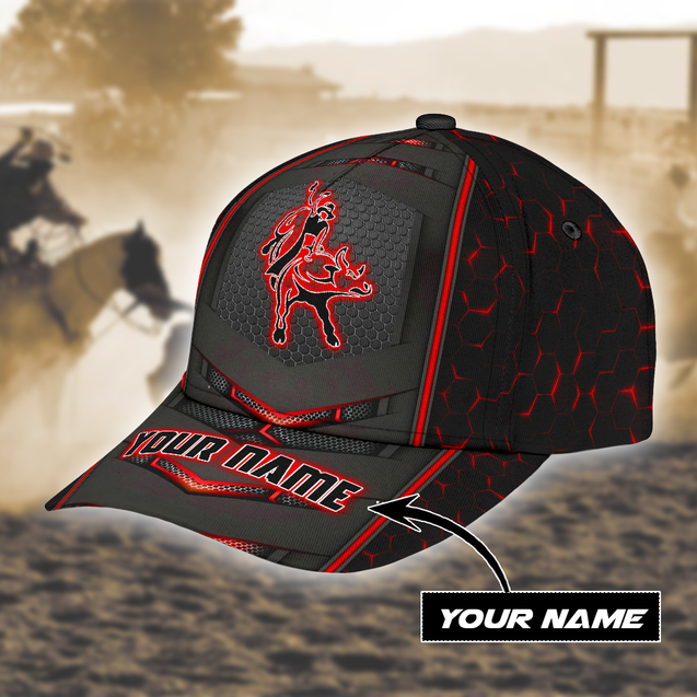 Personalized Name Bull Riding Classic Cap Red Neon