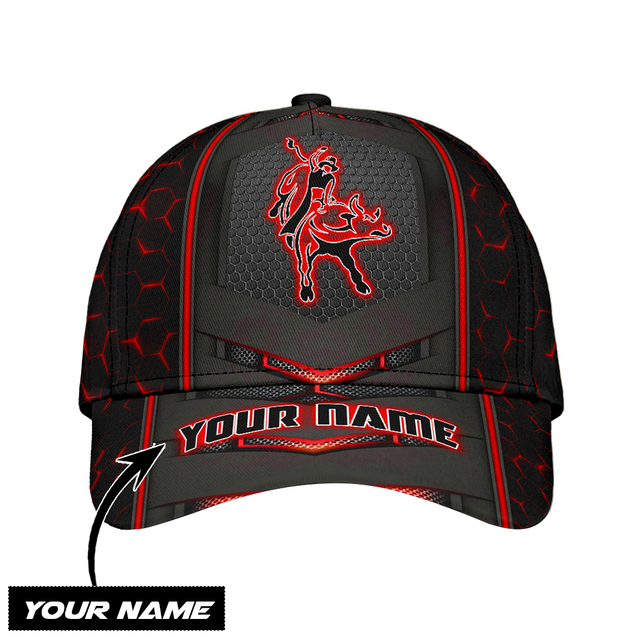 Personalized Name Bull Riding Classic Cap Red Neon