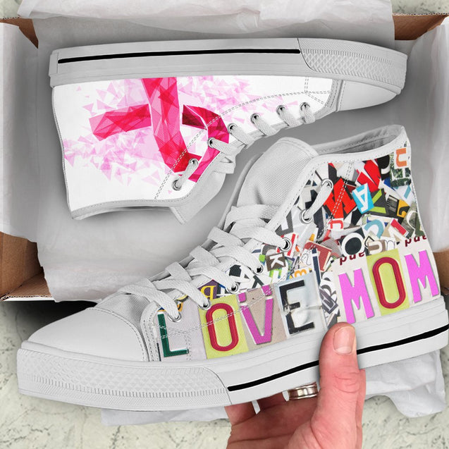 Love mom breast cancer HG HAC060308-HG-Unisex High Top Canvas Shoes-White-EU36 (US6)-Vibe Cosy™