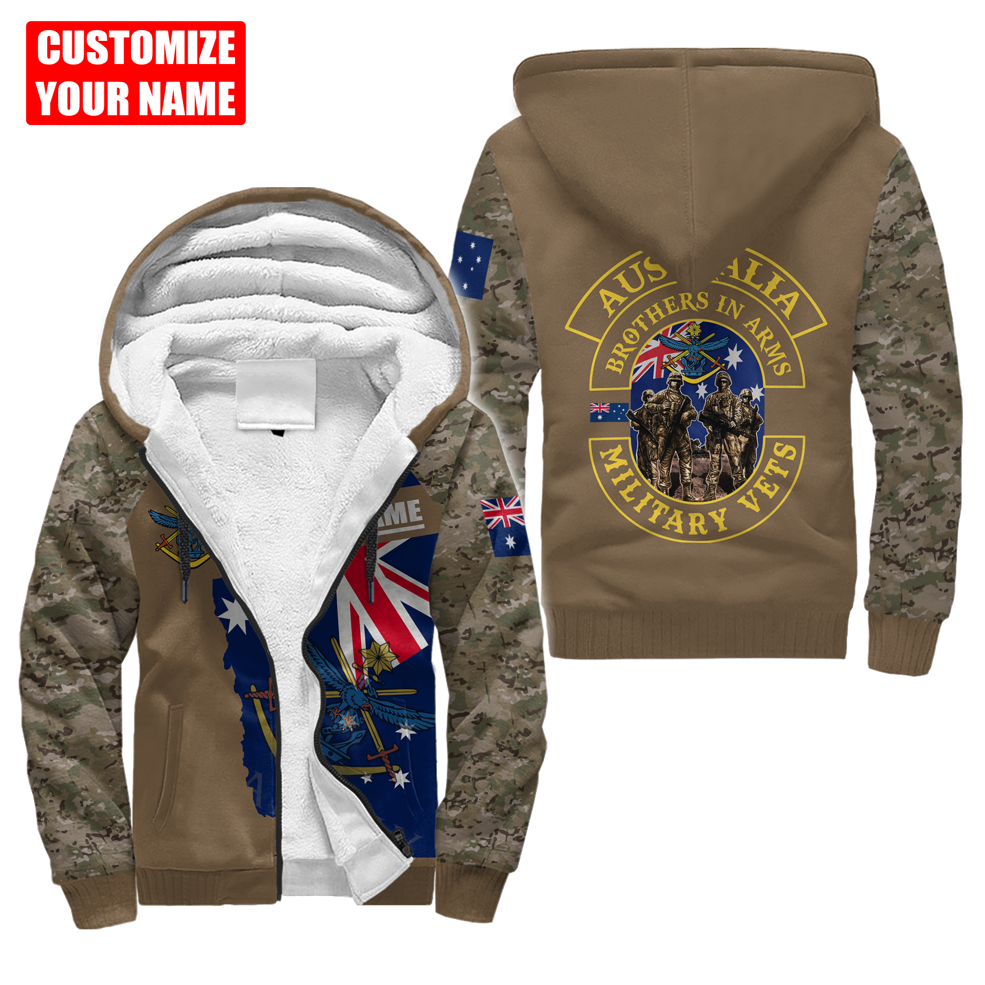 Custom name Australia Army Brothers in arms AU 3D Fleece Zip-Up