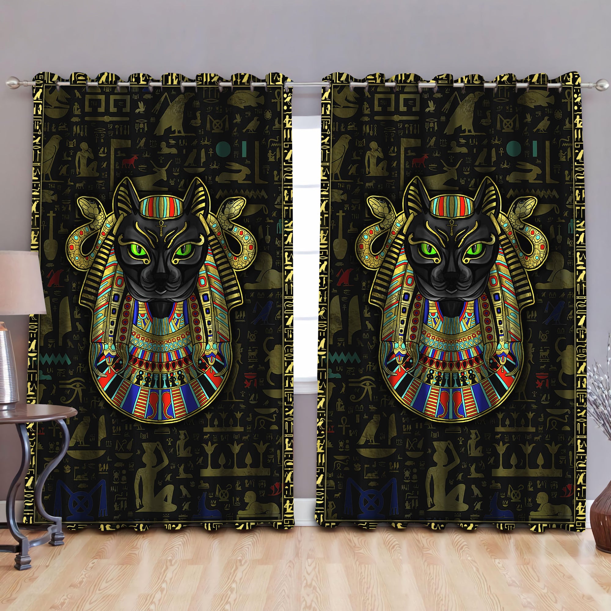 Ancient Egyptian Cat Pattern Blackout Thermal Grommet Window Curtains Pi22062001-Curtains-MP-52'' x 63''-Vibe Cosy™