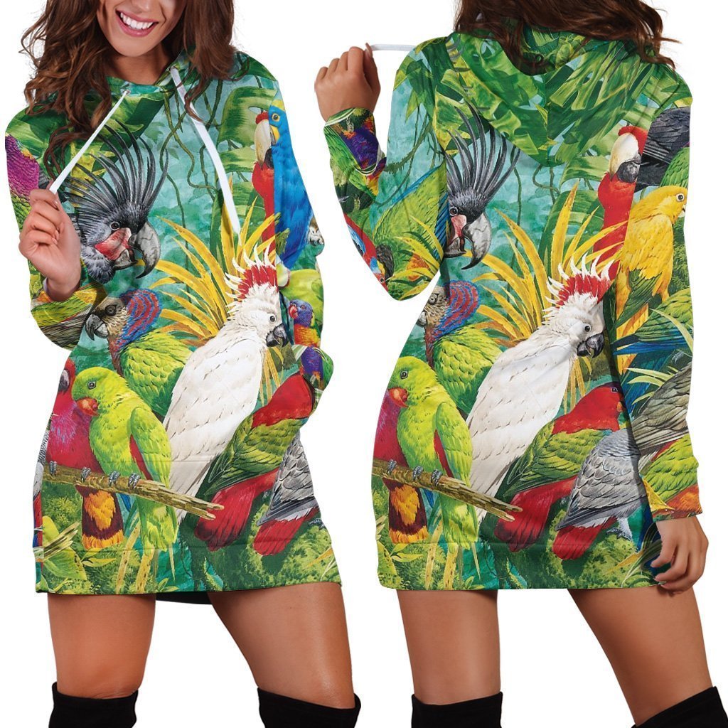 All Over Printed Parrots Hoodie Dress H144B-Apparel-HbArts-Hoodie Dress-S-Vibe Cosy™