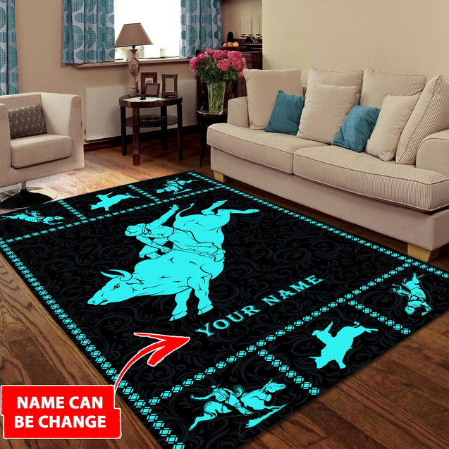 Personalized Name Bull Riding 3D Rug Blue