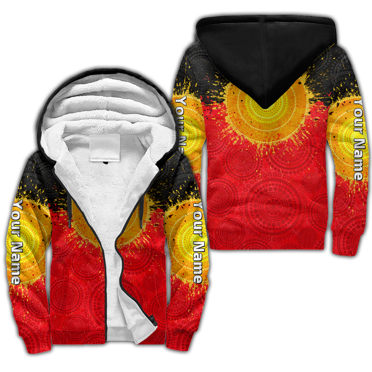 Custom name Aboriginal Flag Indigenous Sun Fleece Zip-Up Hoodie