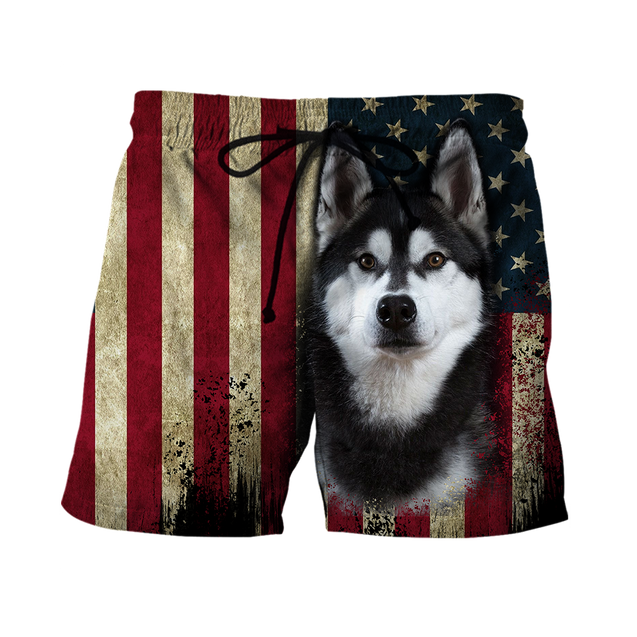 Black Husky Siberian American Flag 3D All Over Print Hoodie