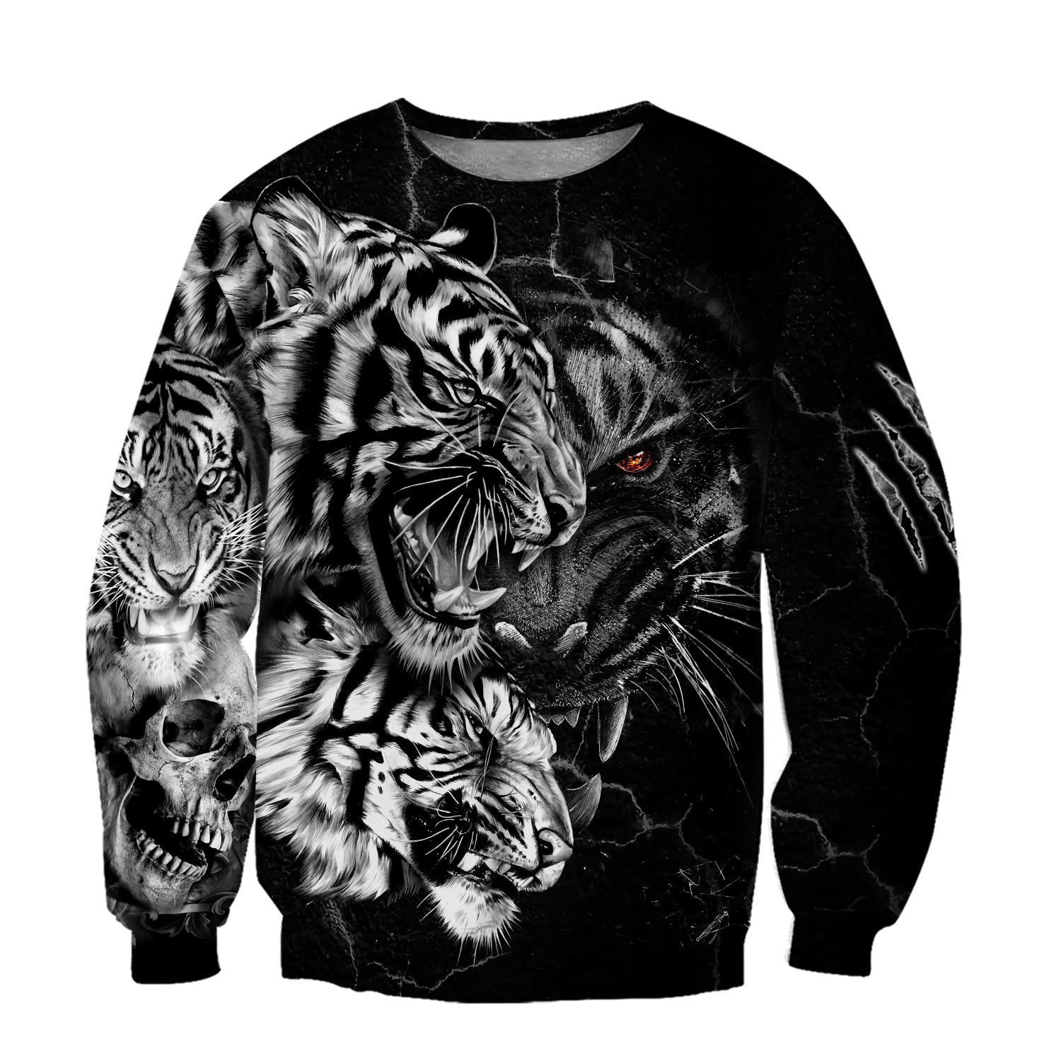 Tiger Black and White Tattoo Over Printed Hoodie for Men and Women