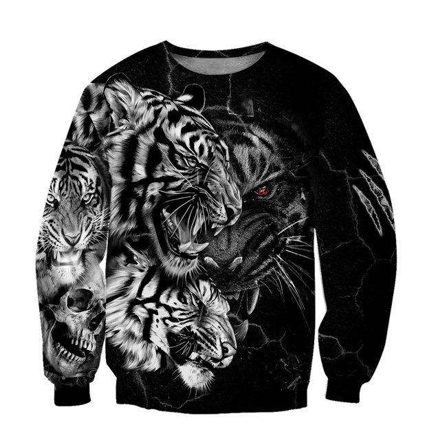 Tiger Black and White Tattoo Over Printed Hoodie for Men and Women