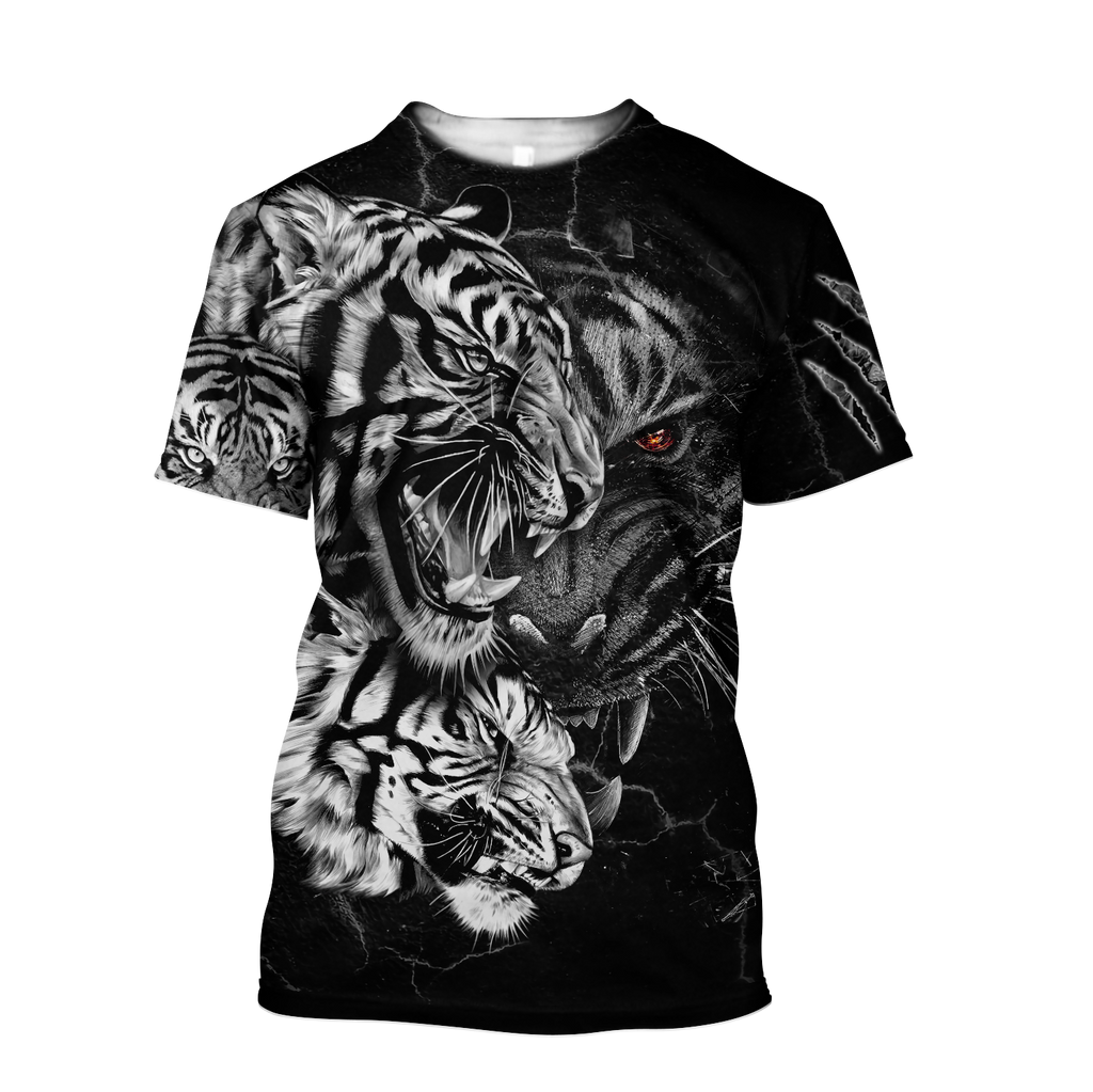 Tiger Black and White Tattoo Over Printed Hoodie for Men and Women