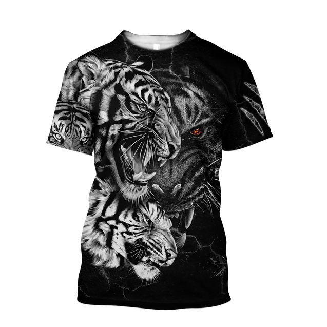 Tiger Black and White Tattoo Over Printed Hoodie for Men and Women