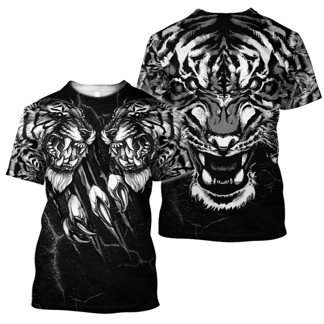 Double Tiger 3D Tattoo Over Printed Shirt for Men and Women