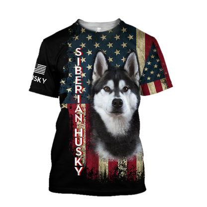 Black Husky Siberian American Flag 3D All Over Print Hoodie