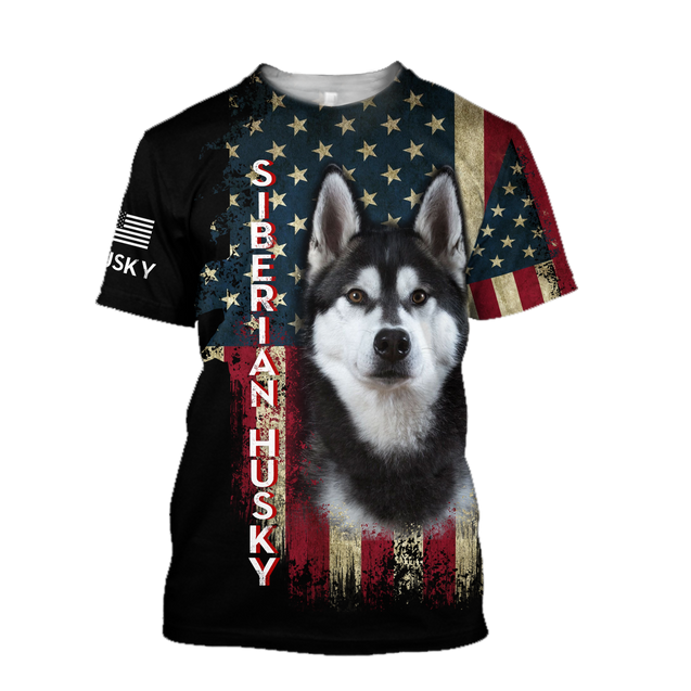 Black Husky Siberian American Flag 3D All Over Print Hoodie