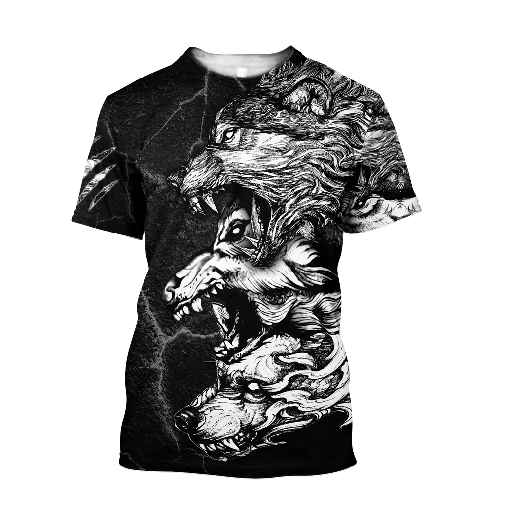 Three Gray Wolfs Tattoo 3D Over Printed Unisex Shirts