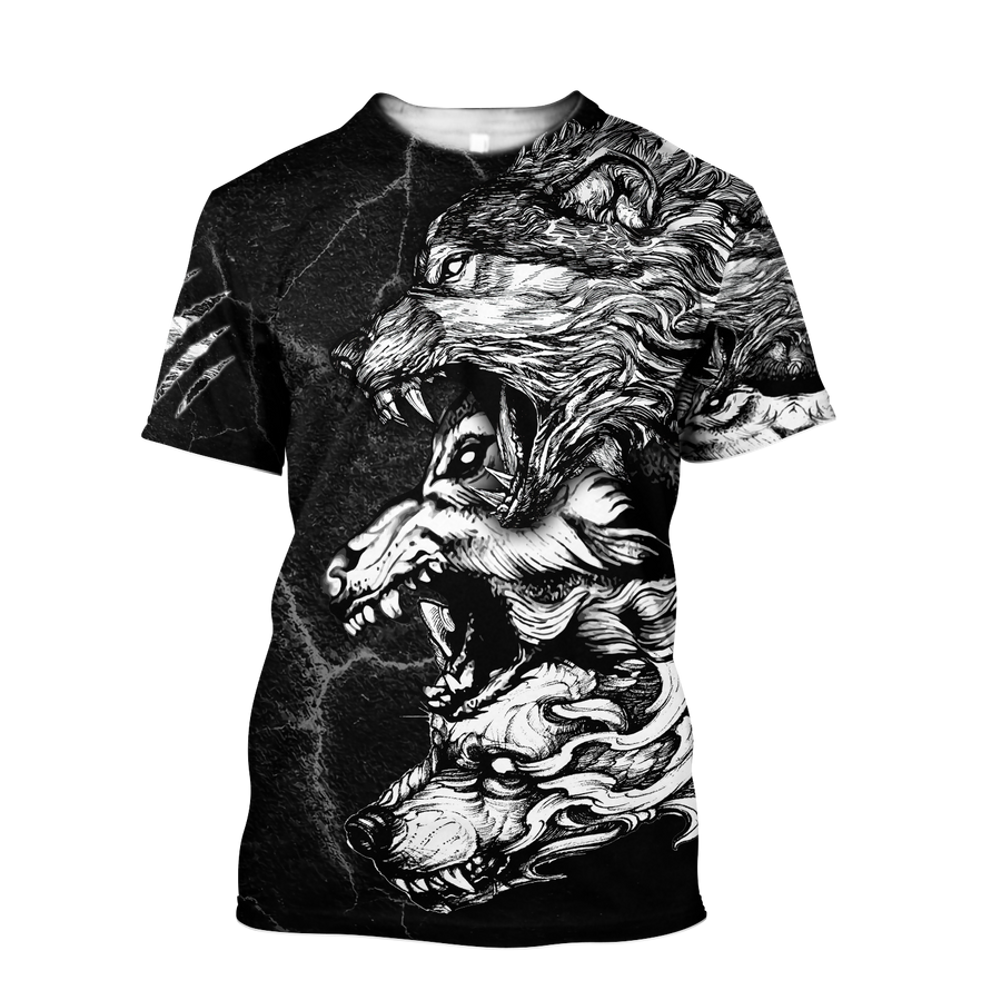 Three Gray Wolfs Tattoo Tshirt 3D All Over Printed Shirt for Men and Women
