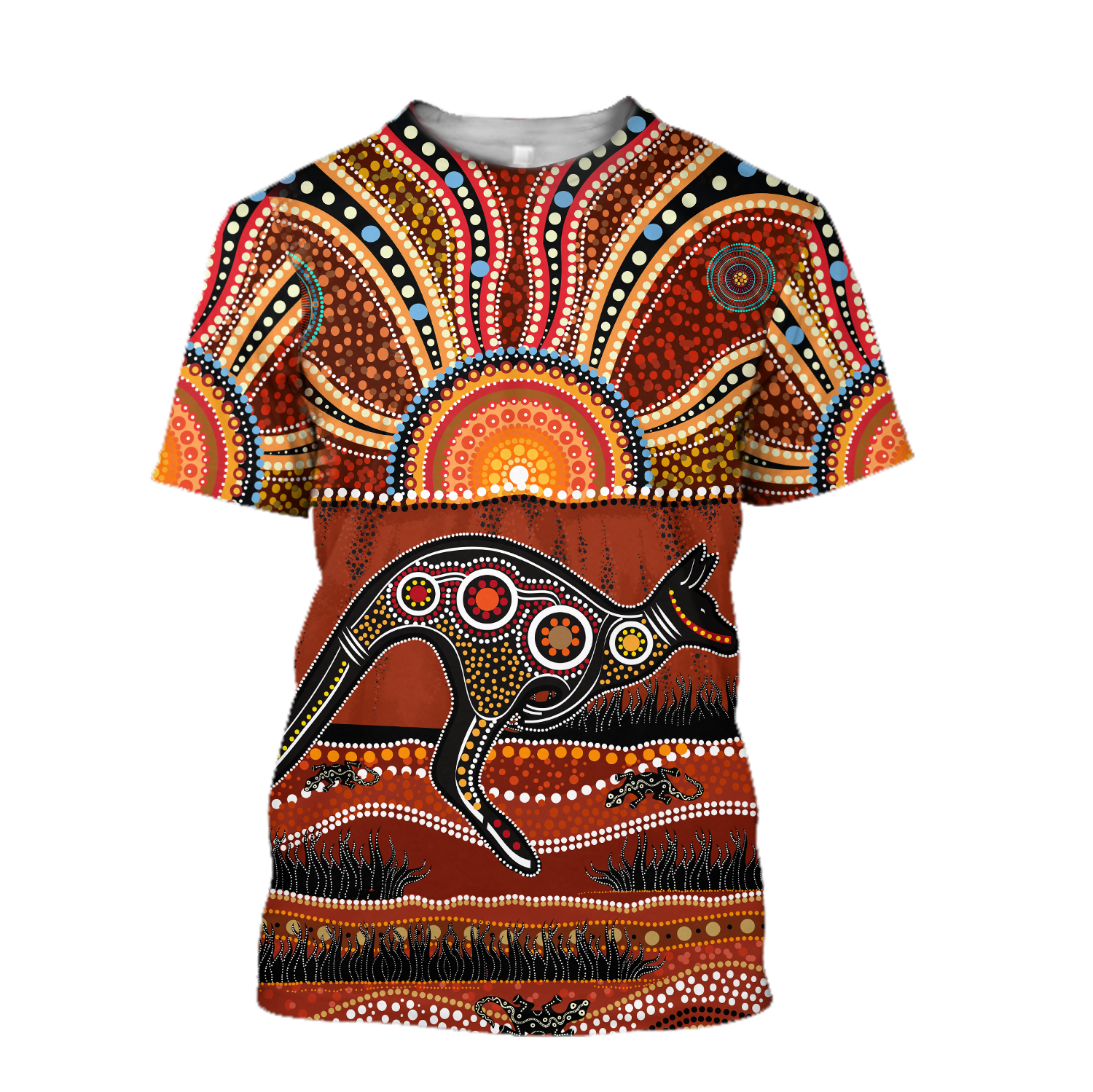 Aboriginal Kangaroo running Lizard Art summer shirts for men and women