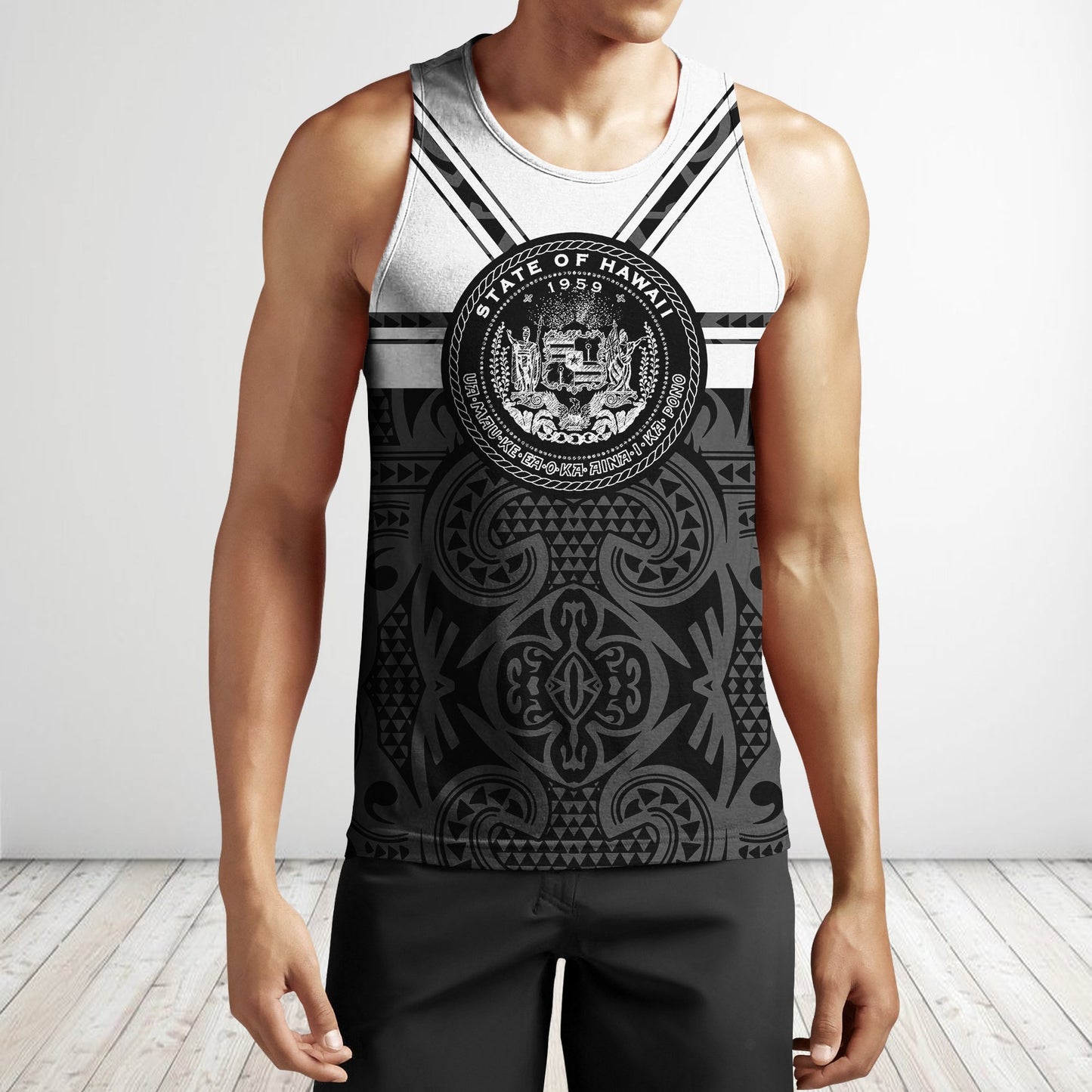 Hawaii Coat Of Arms Hoodie - Black And White J9-ALL OVER PRINT HOODIES (P)-Phaethon-Tank Top-S-Vibe Cosy™
