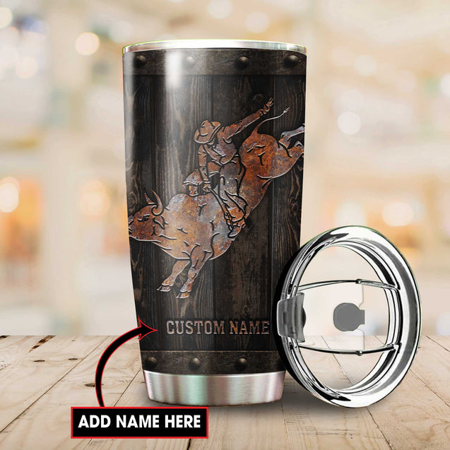 Personalized Name Bull Riding Stainless Steel Tumbler Bull Wood Texture