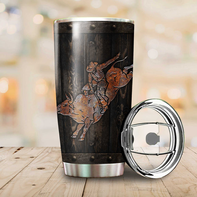 Personalized Name Bull Riding Stainless Steel Tumbler Bull Wood Texture