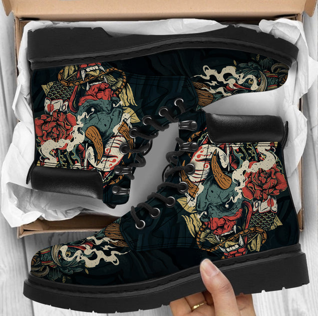 Oni Mask Tattoo Boots for Men and Women