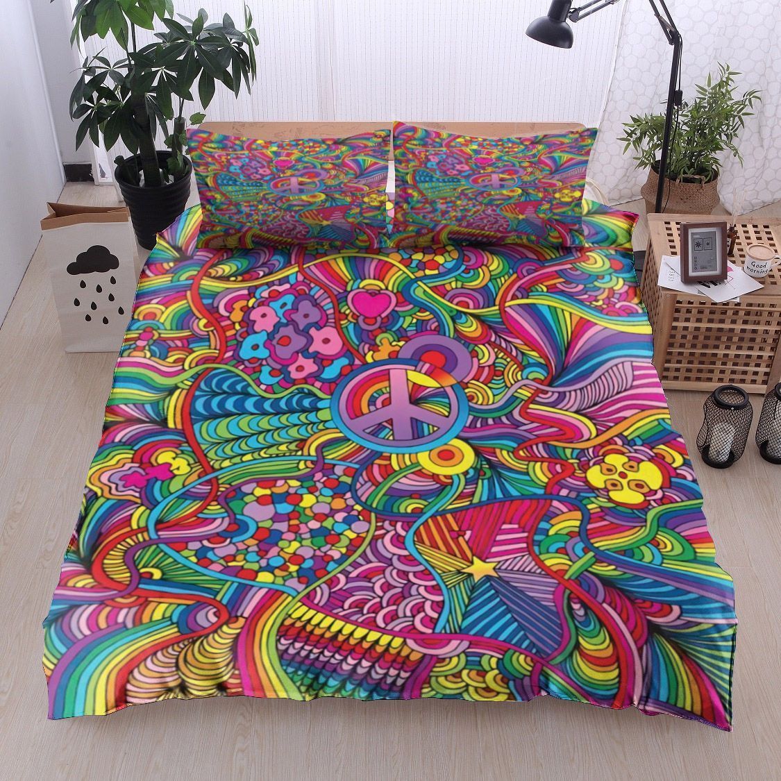 Colorful Hippie Lover With Symbol Bedding Set TQH200724-BEDDING SETS-TQH-Twin-Vibe Cosy™