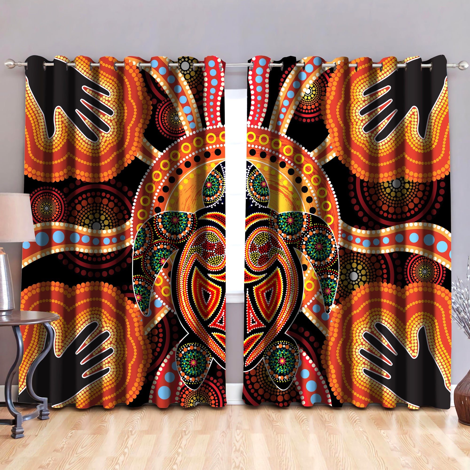 Aboriginal Turtle Touch the Sun Indigenous Painting Art Thermal Grommet Window Curtains-Curtains-Huyencass-52'' x 63''-Vibe Cosy™