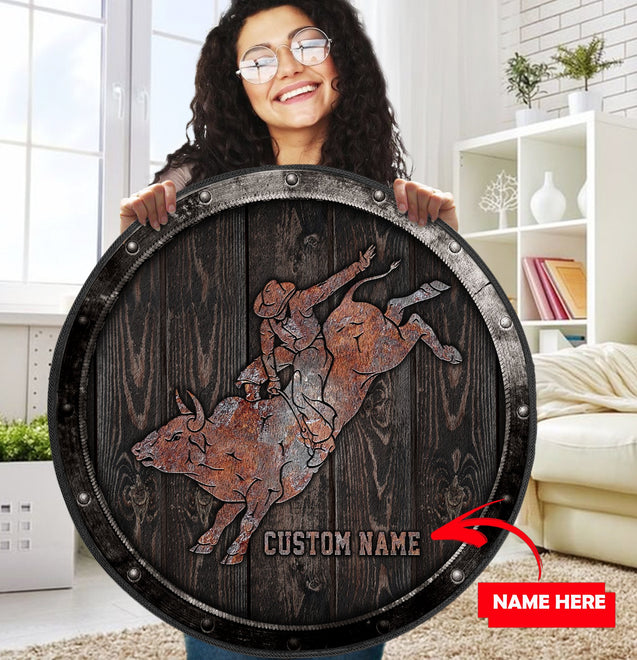 Personalized Name Bull Riding Circle Rug Wood Pattern