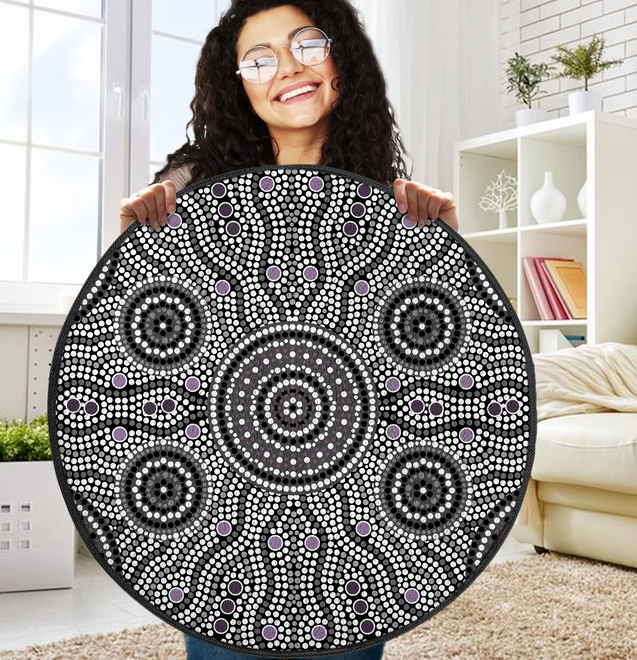 Aboriginal Grey Circle Dots Australia Indigenous Painting Art Circle Rug