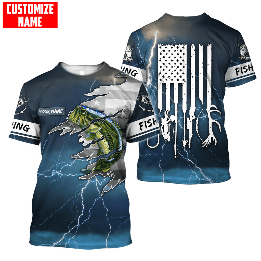 Largemouth Bass Fishing US Flag Custom name fishing shirts for men and women