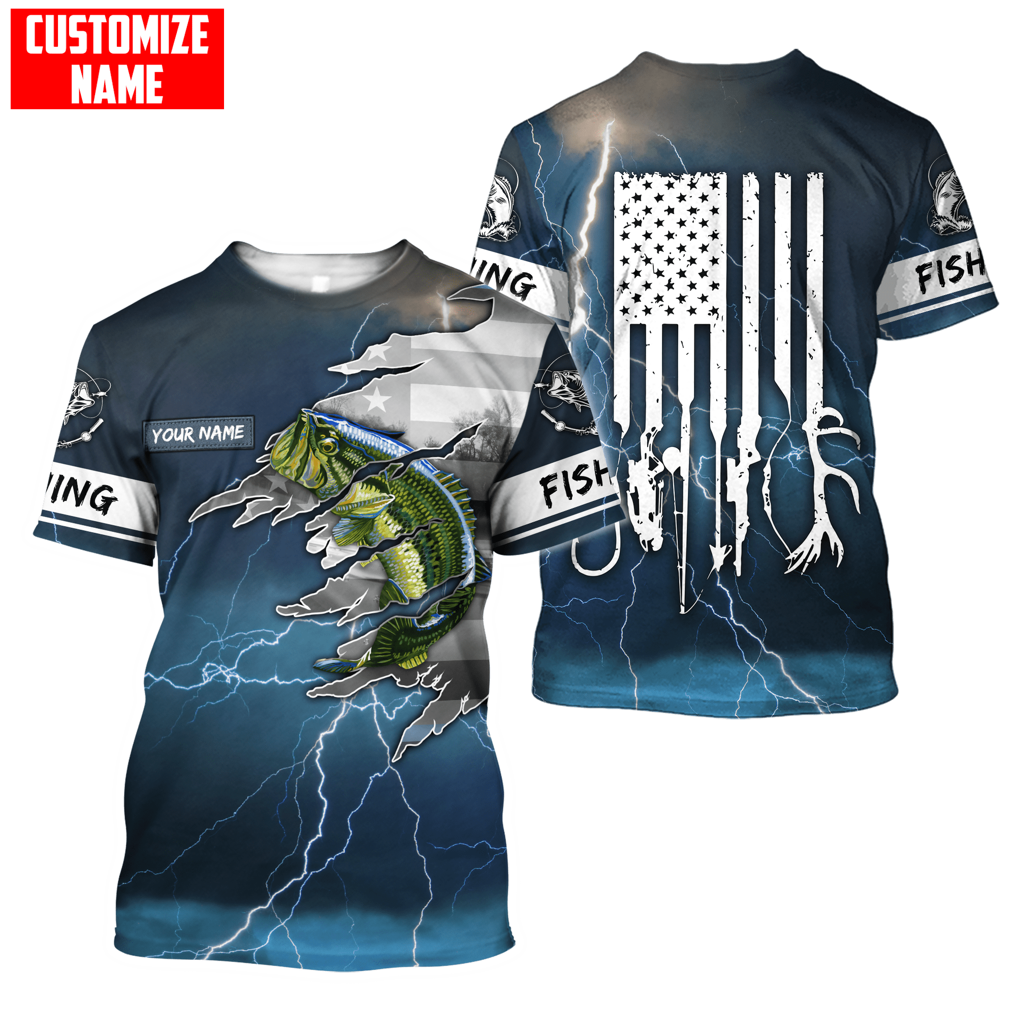 Largemouth Bass Fishing US Flag Custom name fishing shirts for men and women