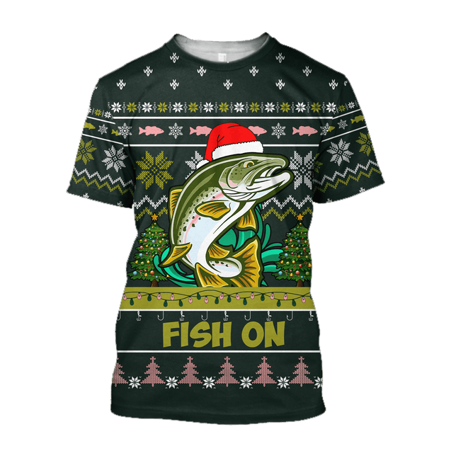 Trout Fishing Fish on Christmas Hat 3D Shirts