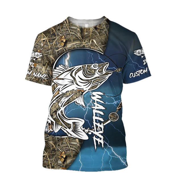 Custom name Walleye fishing gear blue 3D Design print shirts