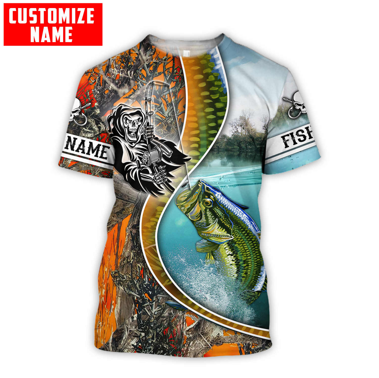 Bass Fishing Line Orange Camo Custom name fishing shirts for men and women
