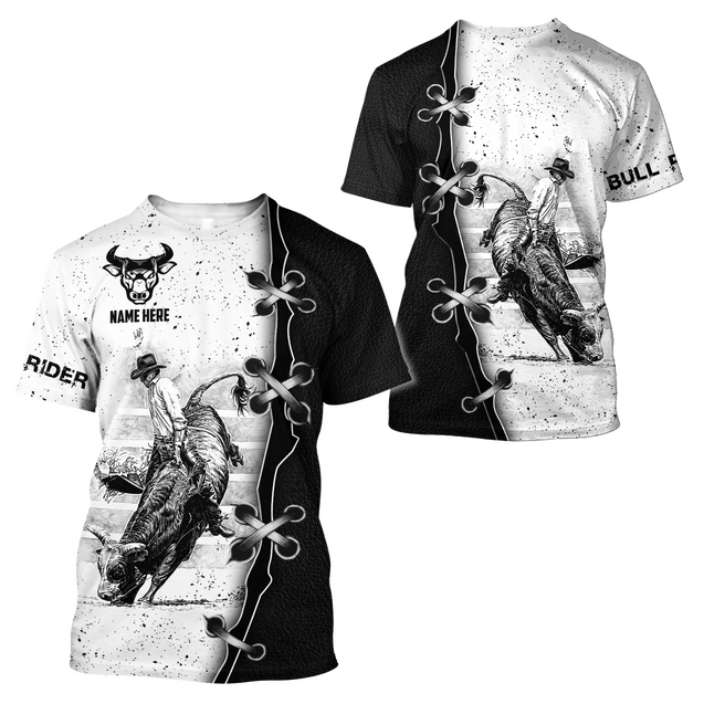 Personalized Name Bull Riding 3D All Over Printed Unisex Shirts Black And White Bull Rider