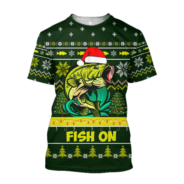 Bass Fishing Fish on Christmas Hat 3D Shirts