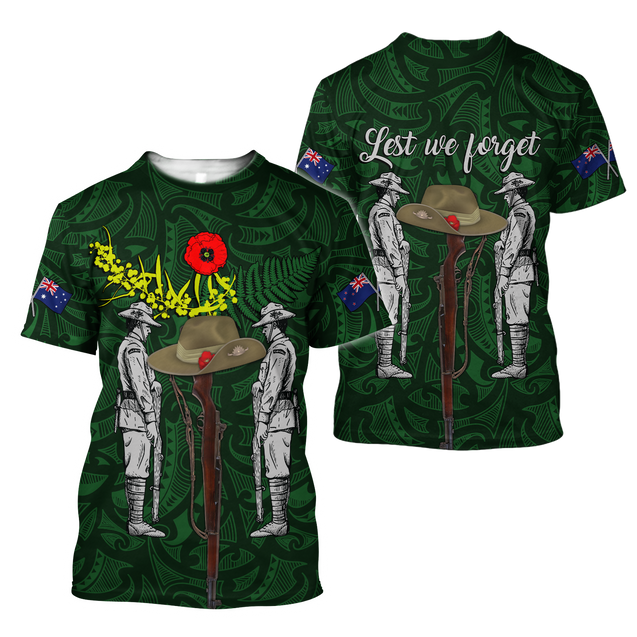 Lest We Forget Anzac Day Australia Golden Wattle And New Zealand Fern 3D Printed Shirts TN