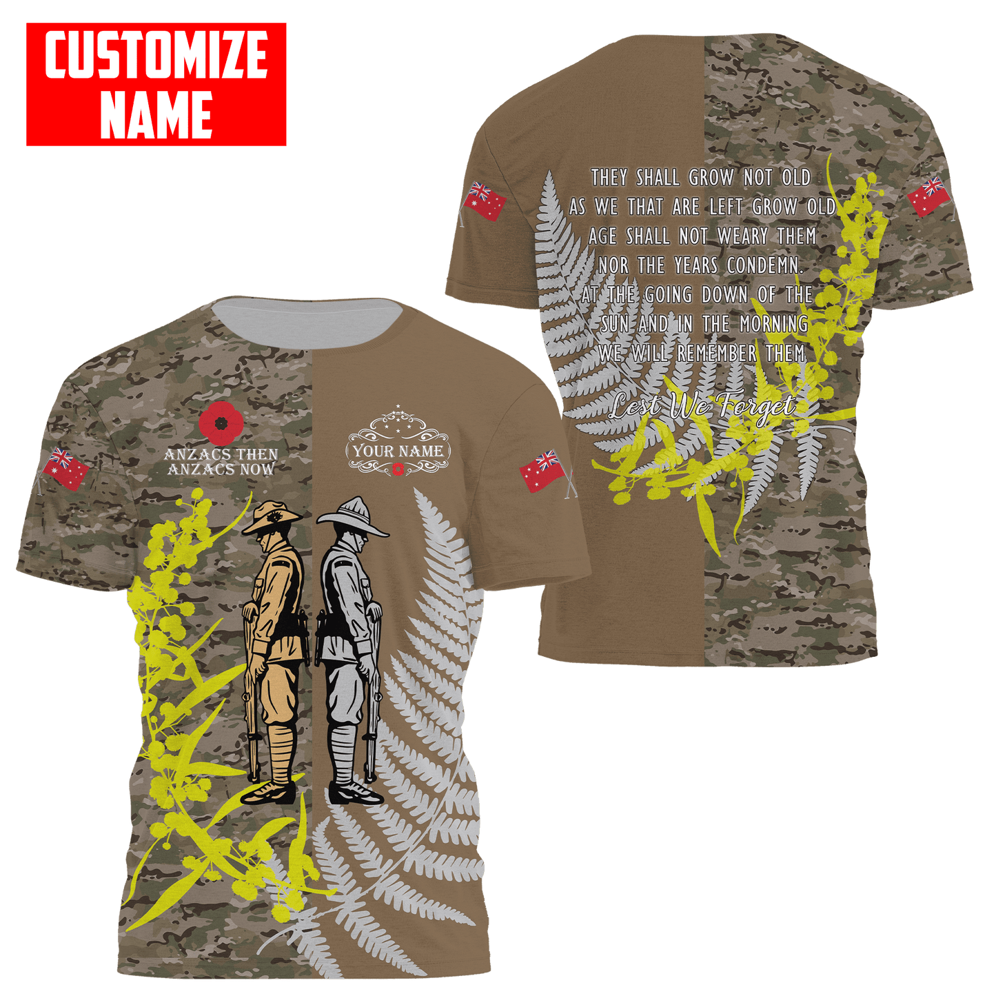 Custom name Anzac day The ode remembrance Soldier 3D printed summer shirts