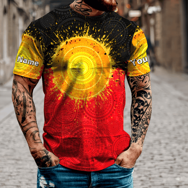 Custom name Aboriginal Flag Indigenous Sun Painting Art 3D design shirts